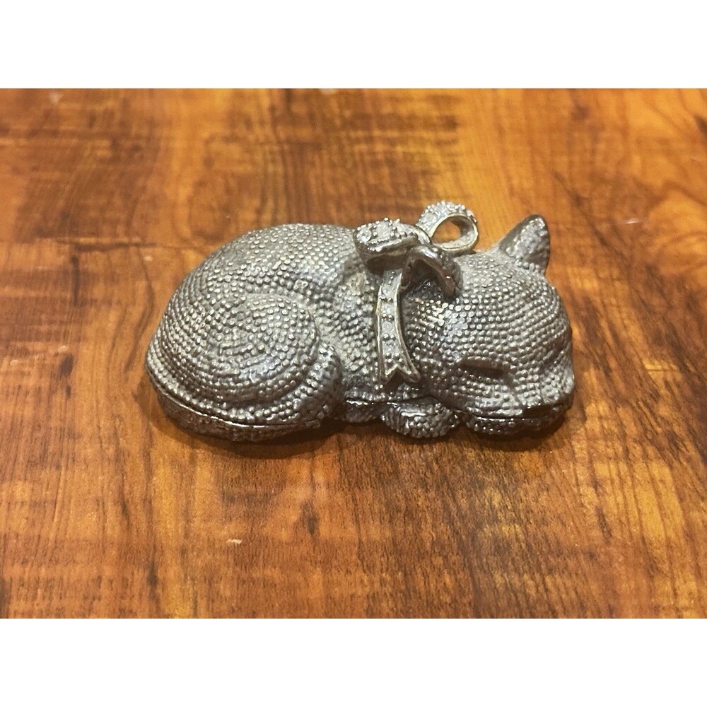 Vintage Metal & Enamel Sleeping Cat Kitten Bow Hinged Trinket Box